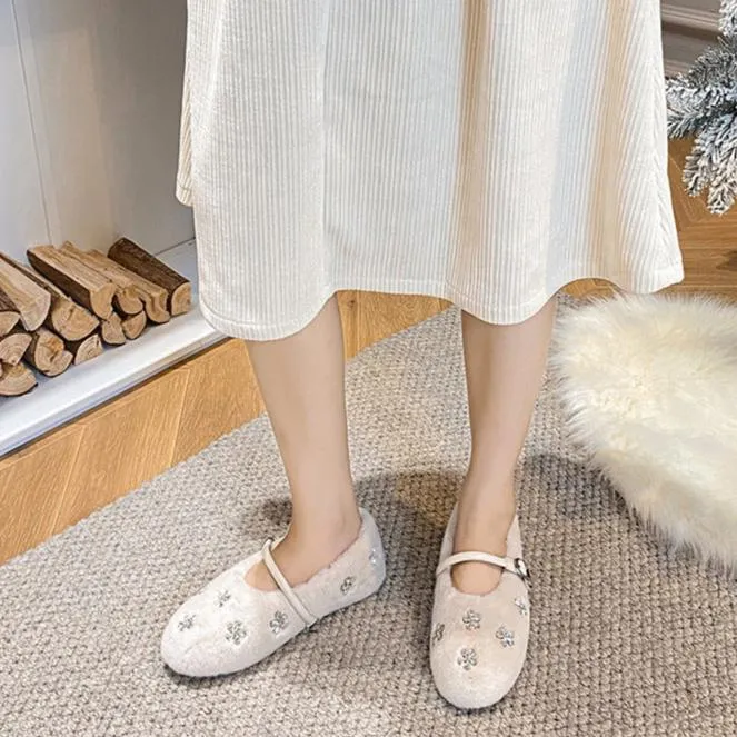 Womens Faux-Fur Loafers Winter Plush Ballet Flats Fur Buckle Shoes